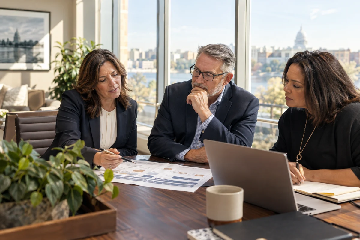 Illustrative photography of business professionals discussing a project around a conference table